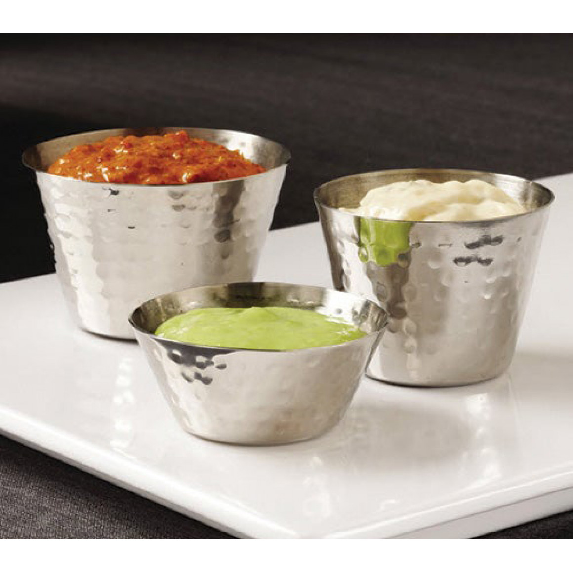 SAUCE CUP, STAINLESS STEEL, ROUND, HAMMERED, 4 OZ.
