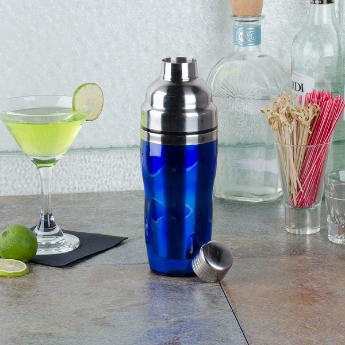 COCKTAIL SHAKER, STAINLESS STEEL, ACRYLIC, BLUE, 16 OZ.