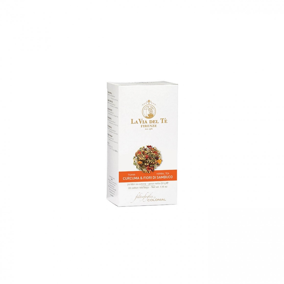 CURCUMA & FIORI DI SAMBUCO HERBAL TEA BOX X 20 COTTON TEA BAGS X 2,5 GR CURCUMA & FIORI DI SAMBUCO HERBAL TEA BOX X 20 COTTON TEA BAGS X 2,5 GR