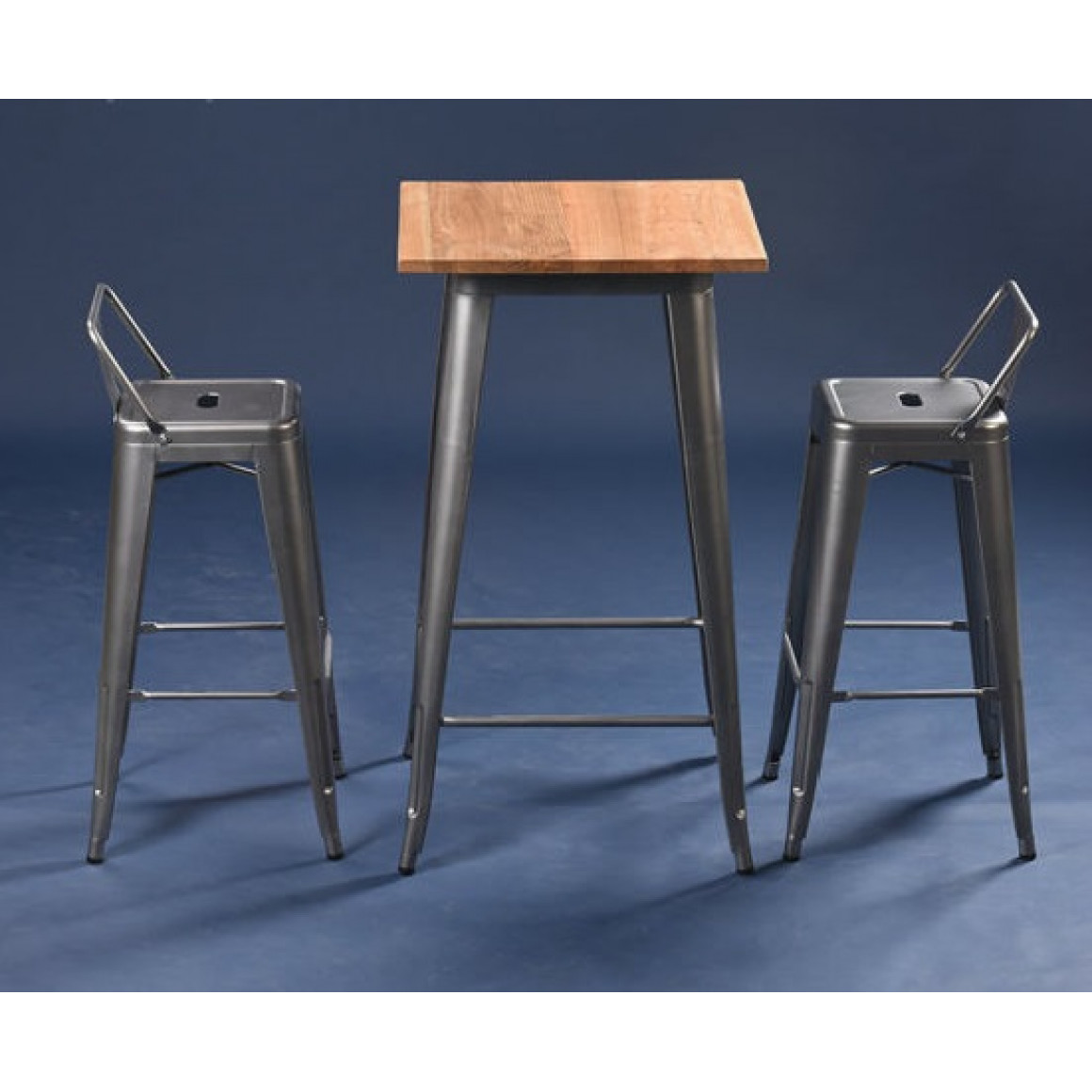 Table: steel leg, elmwood top, silver